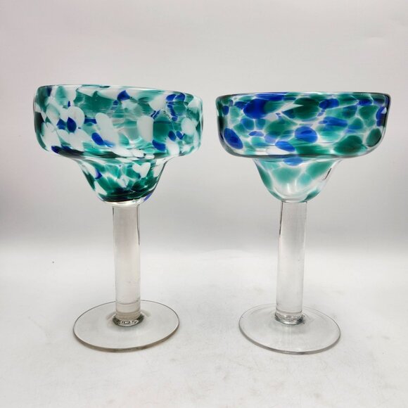Mexican Margarita Glasses Confetti Blue Green Swirl Handcrafted Set Of 2 - Picture 3 of 6
